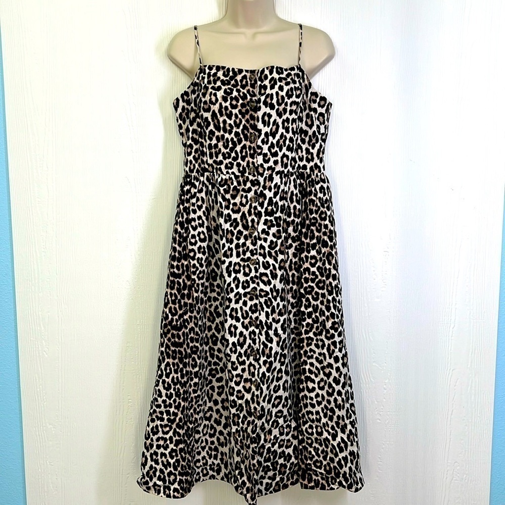 H&M - Linen Blend Cheetah Print Button Down Spaghetti Strap Lined Midi Dress M